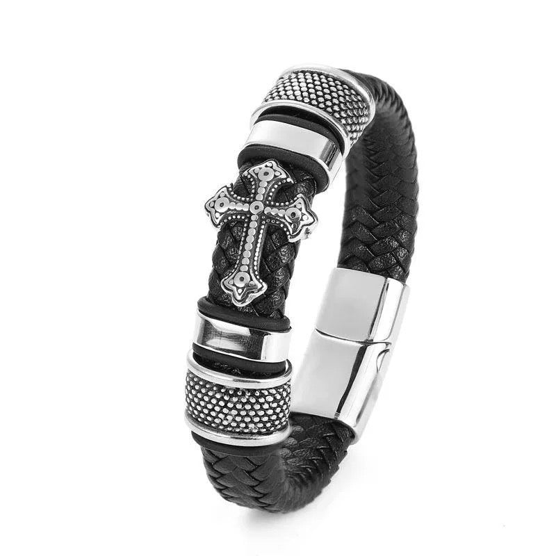 Men’s Magnetic Clasp Cross Bracelet - Long Lasting Stainless Steel Cross - Braided Genuine Leather