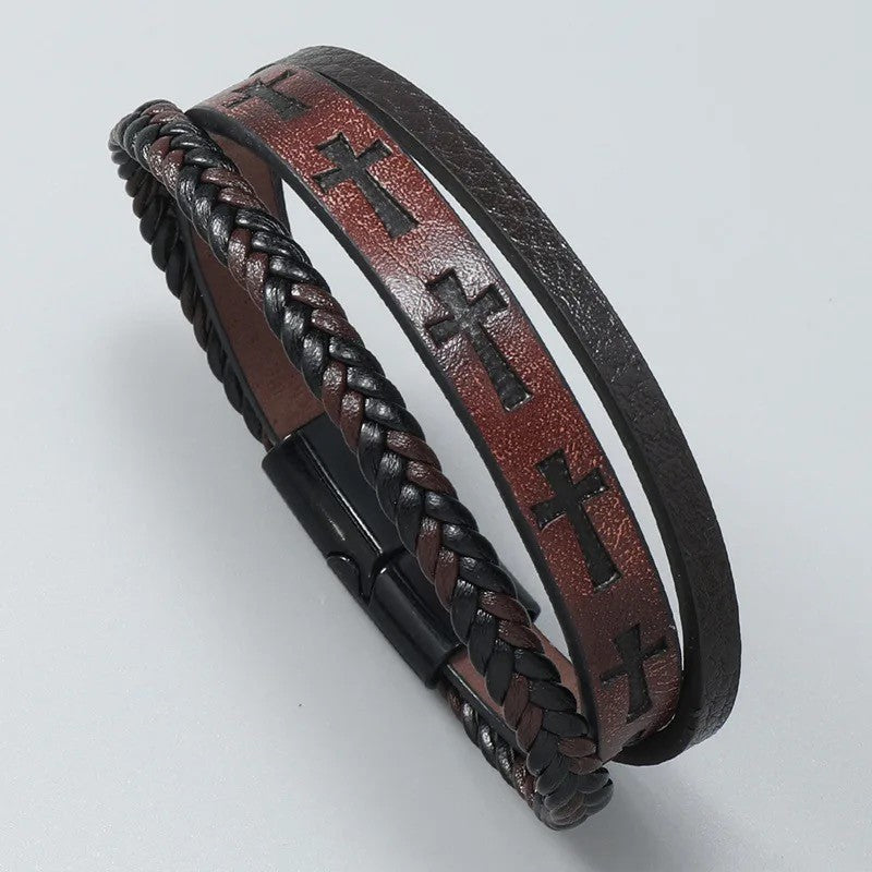 Three Strand Handmade Leather Cross Bracelet