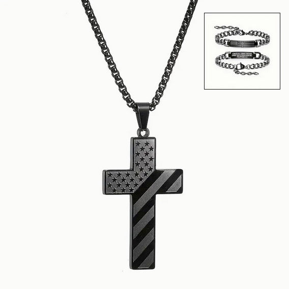 Two Piece Black American Flag Cross Bracelet And Necklace Combo Set For Men