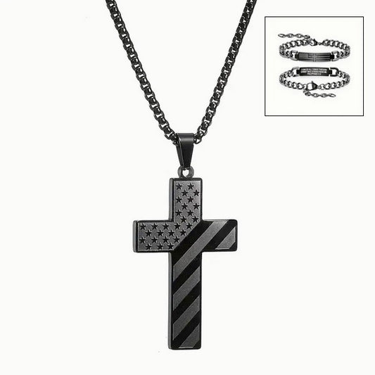 Two Piece Black American Flag Cross Bracelet And Necklace Combo Set For Men