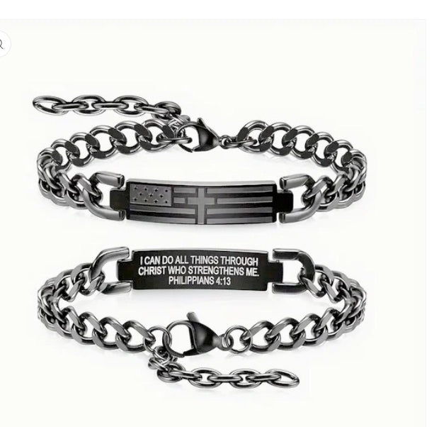 Three Piece Black American Flag Cross Bracelet, Ring And Necklace Combo Set For Men