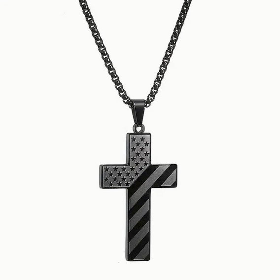 Three Piece Black American Flag Cross Bracelet, Ring And Necklace Combo Set For Men