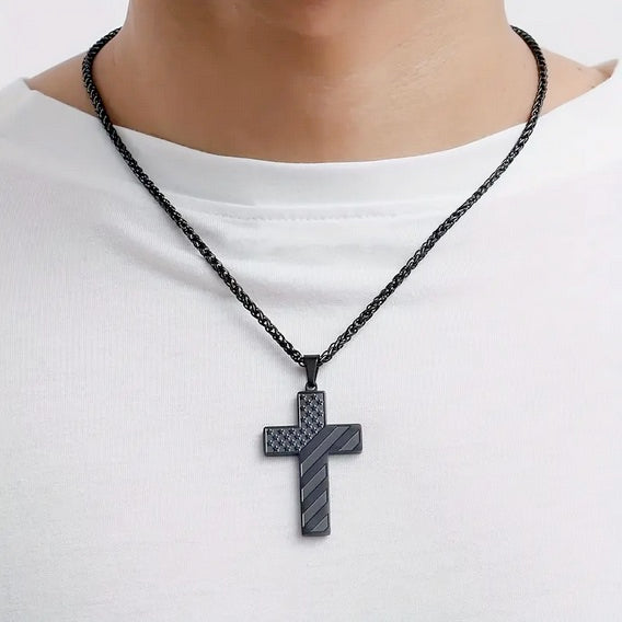 Three Piece Black American Flag Cross Bracelet, Ring And Necklace Combo Set For Men