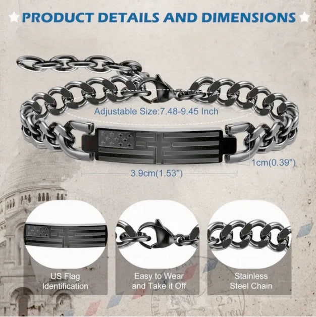 Three Piece Black American Flag Cross Bracelet, Ring And Necklace Combo Set For Men