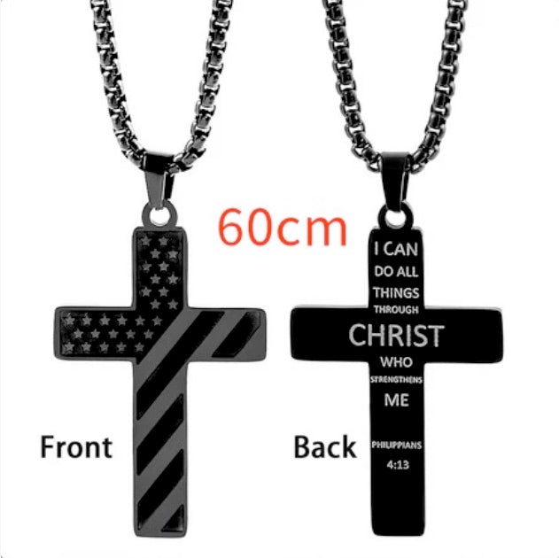 Three Piece Black American Flag Cross Bracelet, Ring And Necklace Combo Set For Men