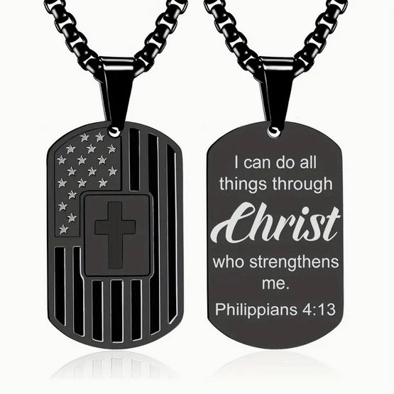 Black American Flag I Can Do All Things Through Christ Cross Necklace