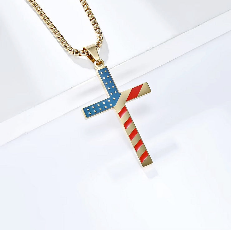 Stunning American Flag Color Titanium Steel Cross Necklace - 3 Colors