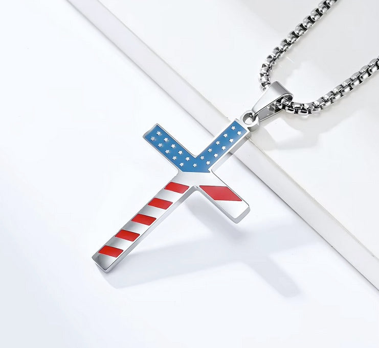 Stunning American Flag Color Titanium Steel Cross Necklace - 3 Colors