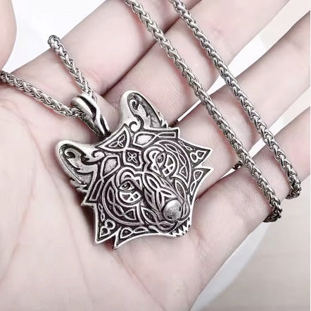 Celtic Wolf Long Chain Pendant Necklace for Men