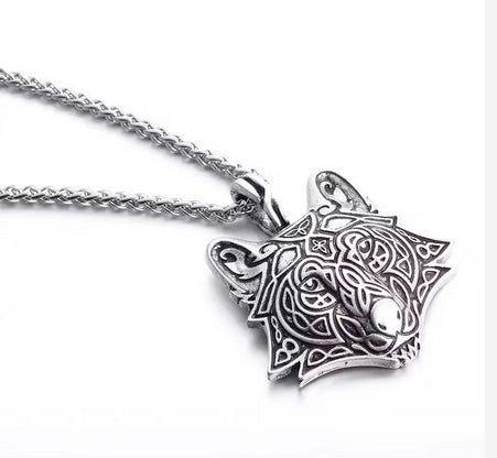 Celtic Wolf Long Chain Pendant Necklace for Men