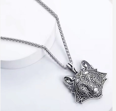 Celtic Wolf Long Chain Pendant Necklace for Men