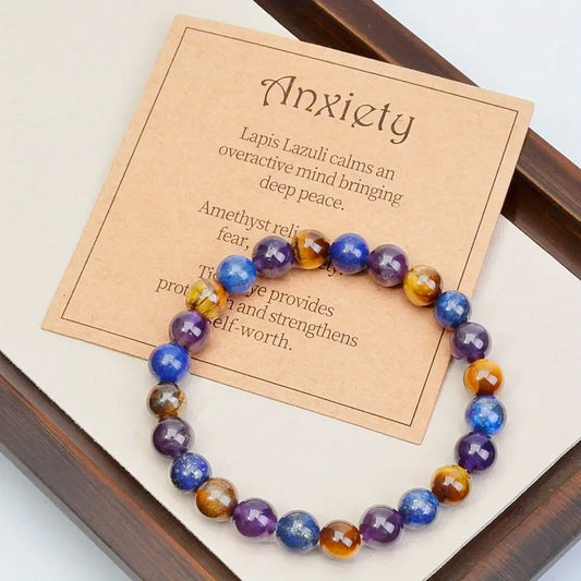 2-Piece Women's Jewelry Set, Amethyst, Tiger Eye And Lapis Natural Stone Anxiety Relief Owl Necklace and Beaded Energy Stretch Bracelet