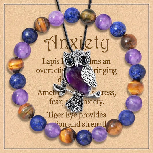2-Piece Women's Jewelry Set, Amethyst, Tiger Eye And Lapis Natural Stone Anxiety Relief Owl Necklace and Beaded Energy Stretch Bracelet