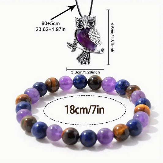 2-Piece Women's Jewelry Set, Amethyst, Tiger Eye And Lapis Natural Stone Anxiety Relief Owl Necklace and Beaded Energy Stretch Bracelet
