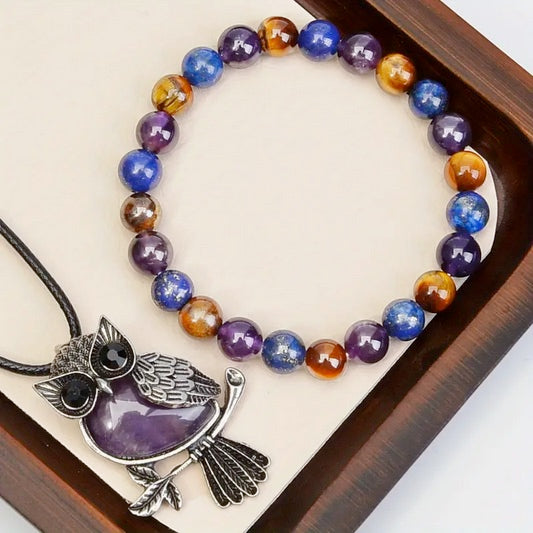 2-Piece Women's Jewelry Set, Amethyst, Tiger Eye And Lapis Natural Stone Anxiety Relief Owl Necklace and Beaded Energy Stretch Bracelet