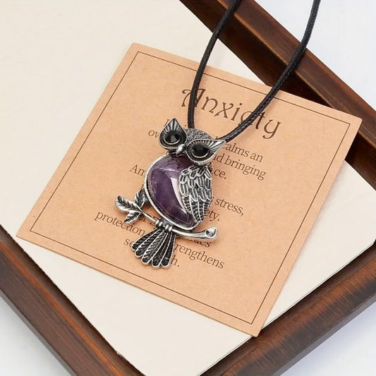 2-Piece Women's Jewelry Set, Amethyst, Tiger Eye And Lapis Natural Stone Anxiety Relief Owl Necklace and Beaded Energy Stretch Bracelet
