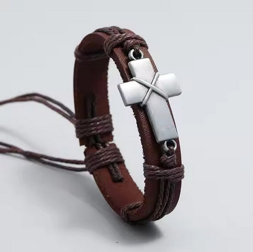 Leather Pull-cord Cross Bracelet