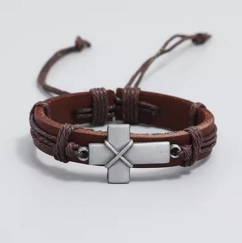 Leather Pull-cord Cross Bracelet