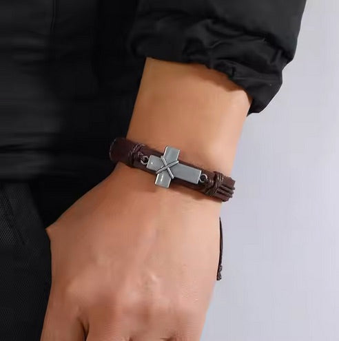 Leather Pull-cord Cross Bracelet