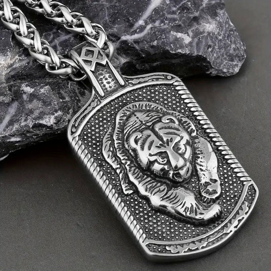 Viking Bear Dog Tag Style Stainles Steel Neckplace With Heavey Chain