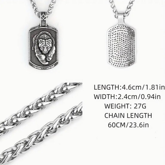 Viking Bear Dog Tag Style Stainles Steel Neckplace With Heavey Chain