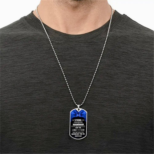 Bible Verse Be Strong And Courageous Dog Tag Style Cross Necklace