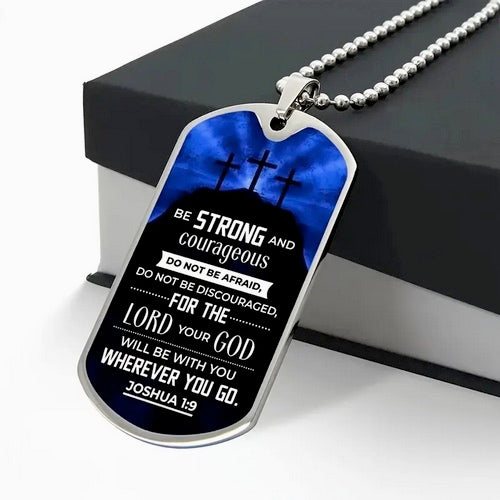 Bible Verse Be Strong And Courageous Dog Tag Style Cross Necklace