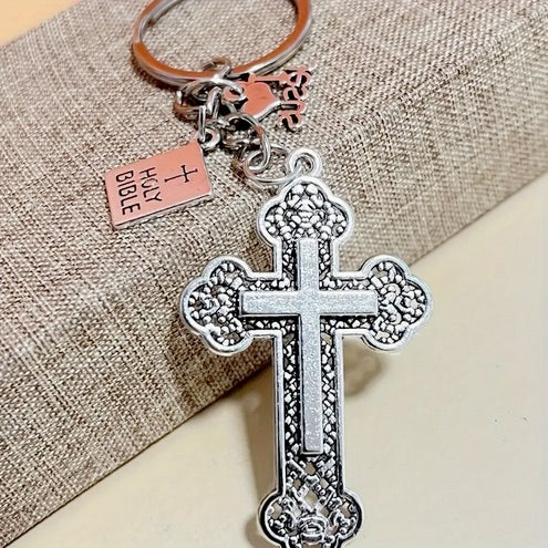 Exquisite Holy Book Cross Keychain - Religious Car Key Holders with Inspirational Prayer Quotes