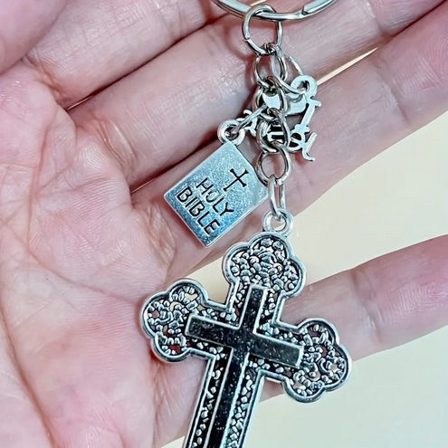 Exquisite Holy Book Cross Keychain - Religious Car Key Holders with Inspirational Prayer Quotes