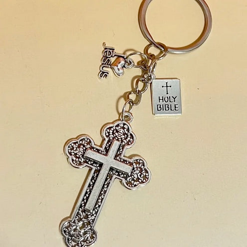 Exquisite Holy Book Cross Keychain - Religious Car Key Holders with Inspirational Prayer Quotes