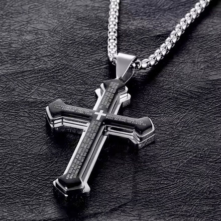 Large Layered Black On Silver Lords Prayer Men's Cross