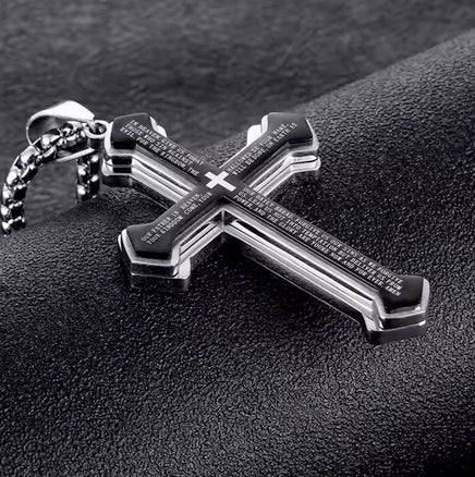 Large Layered Black On Silver Lords Prayer Men's Cross