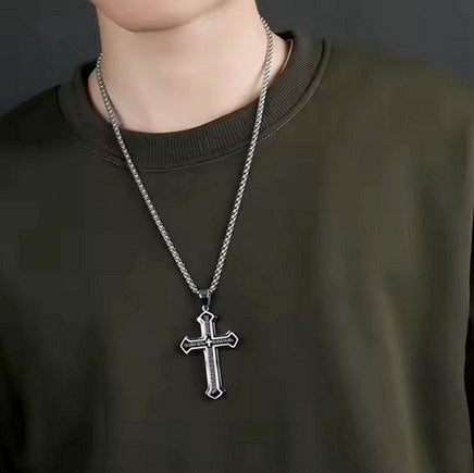 Large Layered Black On Silver Lords Prayer Men's Cross