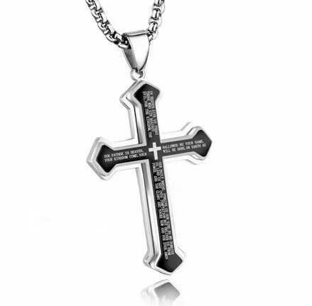 Large Layered Black On Silver Lords Prayer Men's Cross
