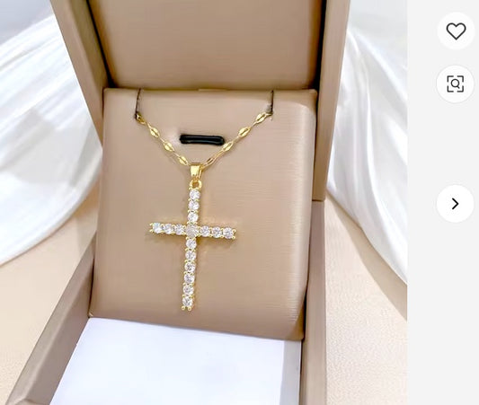 Large Cubic Zirconia 18K Gold on Stainless Steel Cross Necklace