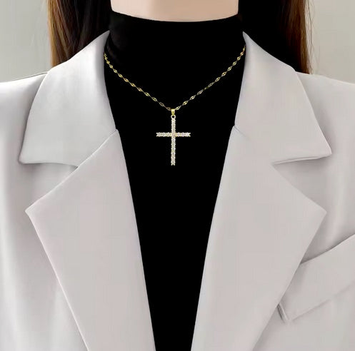 Large Cubic Zirconia 18K Gold on Stainless Steel Cross Necklace