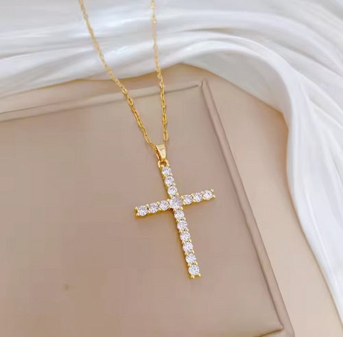 Large Cubic Zirconia 18K Gold on Stainless Steel Cross Necklace