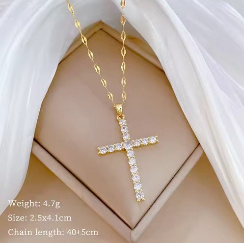 Large Cubic Zirconia 18K Gold on Stainless Steel Cross Necklace