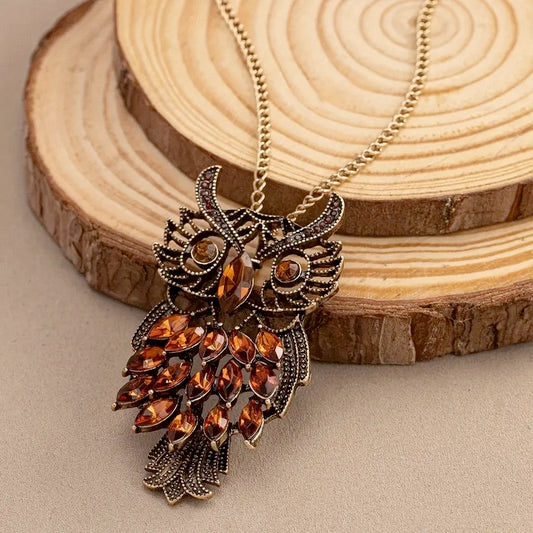 Vintage Big Owl Pendant Long Necklace