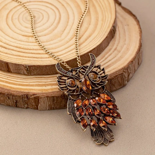 Vintage Big Owl Pendant Long Necklace
