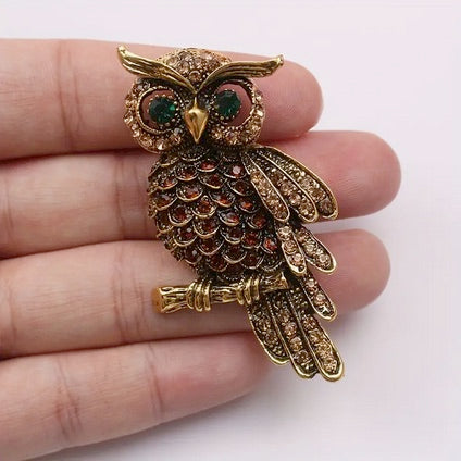 Vintage Rhinestone Owl Brooch