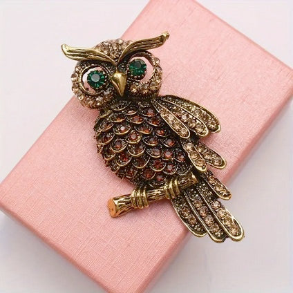 Vintage Rhinestone Owl Brooch