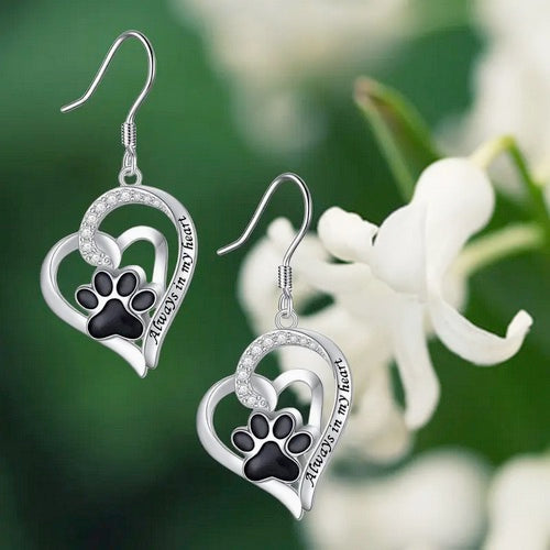 Dog Lover's Dog Paw Heart Necklace And Earring Set
