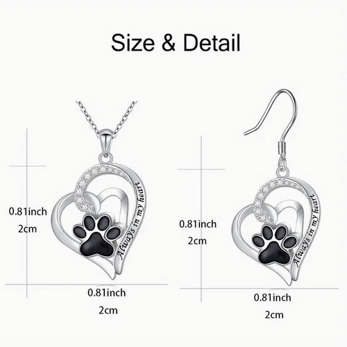 Dog Lover's Dog Paw Heart Necklace And Earring Set
