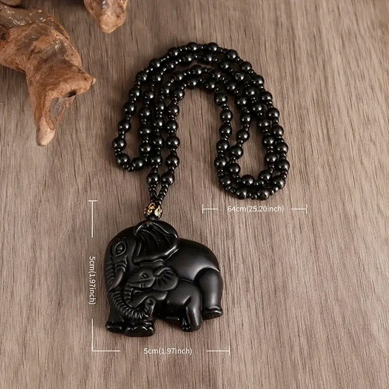 Carved Black Stone Elephant Necklace
