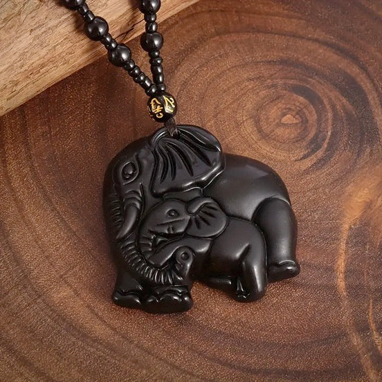 Carved Black Stone Elephant Necklace