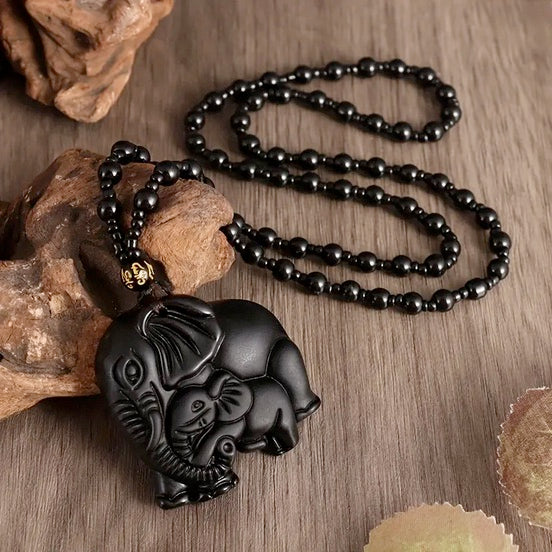 Carved Black Stone Elephant Necklace