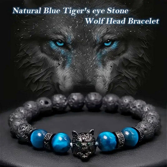 Natural Blue Tiger Eye Stone With Volcanic Black Rock Wolf Bracelet