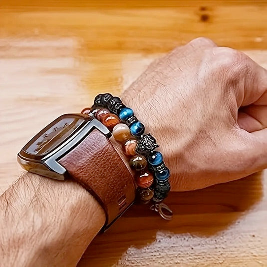Natural Blue Tiger Eye Stone With Volcanic Black Rock Wolf Bracelet