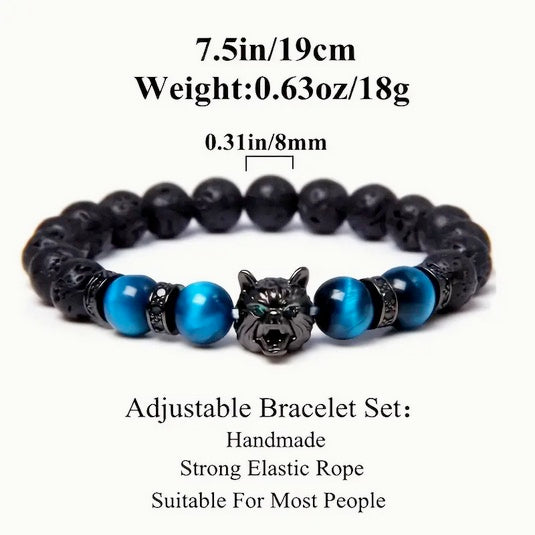 Natural Blue Tiger Eye Stone With Volcanic Black Rock Wolf Bracelet
